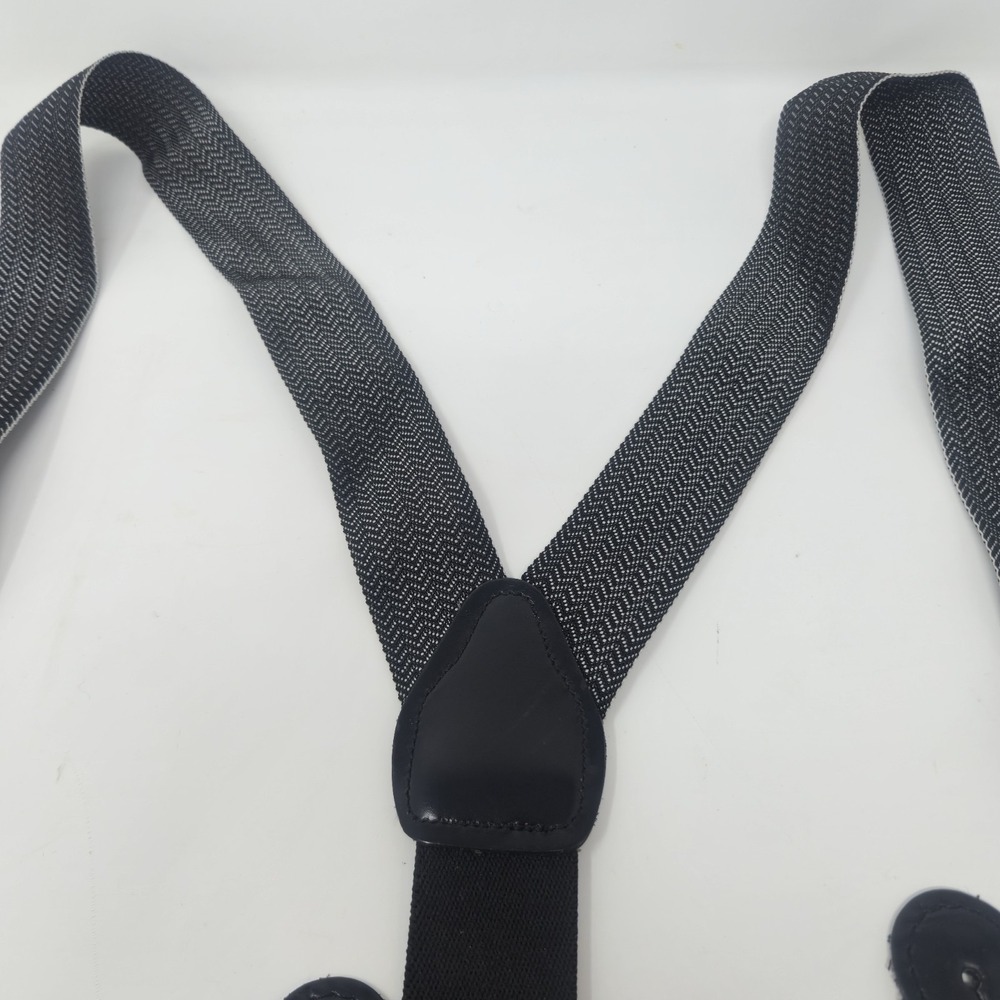 Men's Herringbone Button-On Suspenders Braces Black White Y-Back Leather Ends - Picture 8 of 13